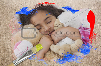 Composite image of little girl cuddling teddys