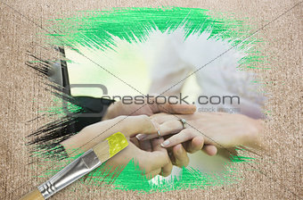 Composite image of groom placing ring on brides finger
