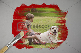 Composite image of siblings and their dog