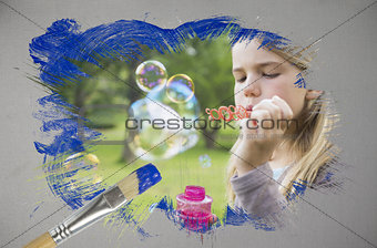 Composite image of little girl blowing bubbles