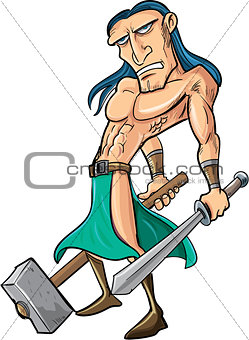 Cartoon barbarian with sword and hammer