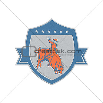 Metallic Rodeo Cowboy Bull Riding Retro Shield