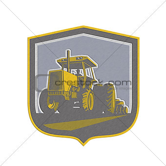 Metallic Farmer Driving Vintage Farm Tractor Plowing Retro