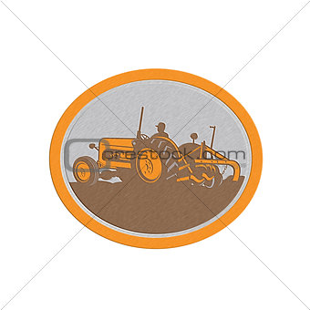 Metallic Vintage Farm Tractor Farmer Plowing Oval Retro
