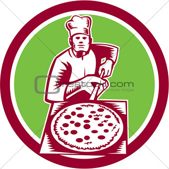 Pizza Maker Holding Pizza Peel Circle Woodcut