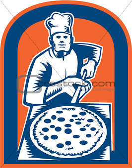 Pizza Maker Holding Pizza Peel Shield Woodcut