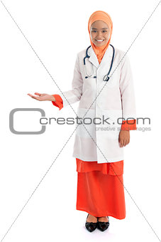 Full body Muslim female doctor welcoming