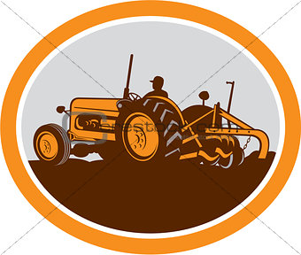Vintage Farm Tractor Farmer Plowing Oval Retro