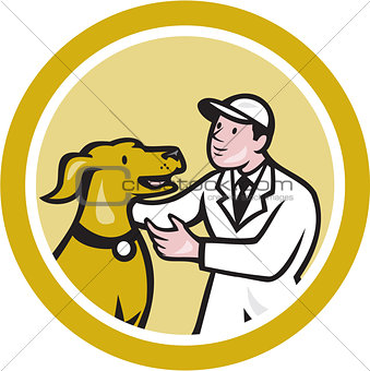 Veterinarian Vet Kneeling Beside Pet Dog Circle Cartoon