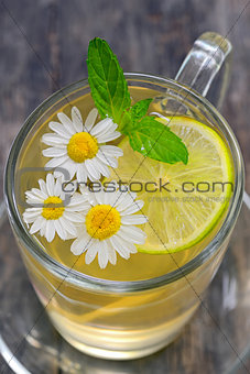 chamomile tea on wooden table