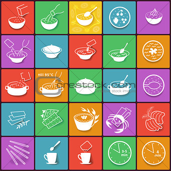 Flat fast food packaging cooking process icons set 