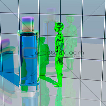 Green alien looks at a bottle 