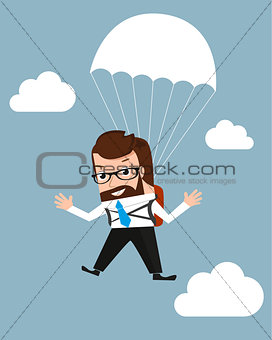 Lucky businessman is flying with parachute.