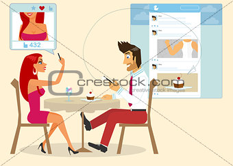 Man and woman are sitting in a cafe and taking a photo of a cake for social networking.