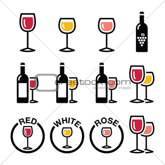 Wine types - red, white, rose icons set