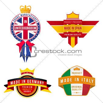 set of made in united kingdom germany spain italy badges