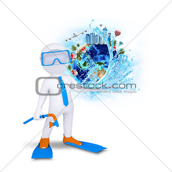 3d diver hold Earth with buildings and trees