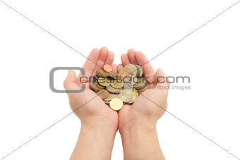 isolated of man's hands holding coins 