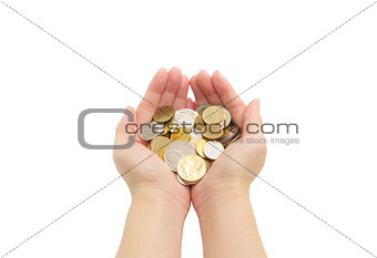 isolated of woman's hands holding coins 