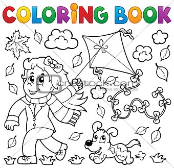 Coloring book with girl and kite