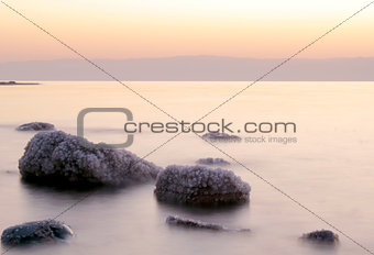 Dead Sea coastline, whit salt crystals and formations