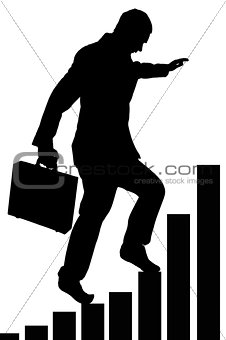 businessman climbing a bar chart isolated on white