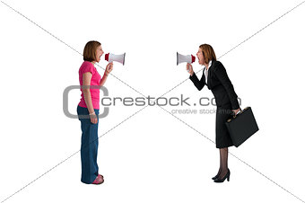 women with megaphones shouting isolated