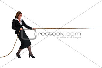 businesswoman tug of war isolated on white
