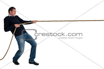 man tug of war pulling rope isolated