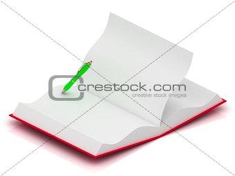 Open notepad in red cover with a green pen 