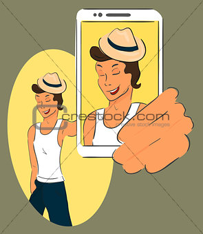 Guy wearing hat is taking selfie. Handdrawn vector illustration.