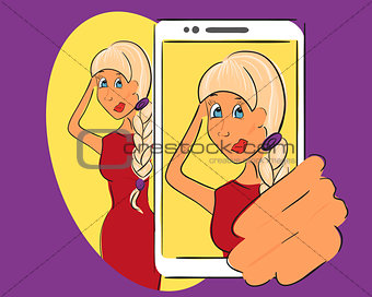 Blond Girl is taking selfie. Handdrawn vector illustration on violet background.
