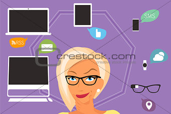 Blond woman thinking about gadgets and applications around her.