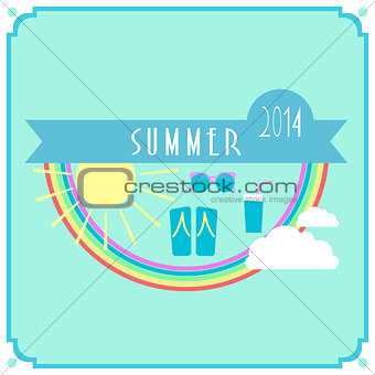 Blue summer card with sun, rainbow, clouds sunglasses and shoes
