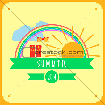 Yellow summer card with sun, rainbow, clouds sunglasses and shoes