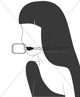 Handdrawn woman face with black lips and hair. close-up illustration - paths outlined.