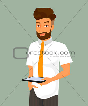 Man holds a tablet pc in his hand.