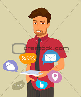 Man holds a tablet pc in his hand with internet symbols.