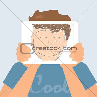 Guy holds tablet pc displaying fun smiling drawing.