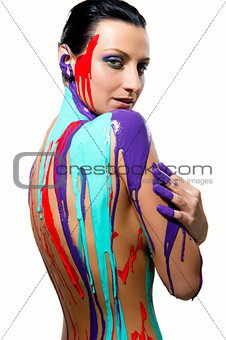 Beautiful brunette with colorful body painting