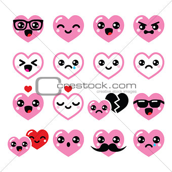 Kawaii hearts, Valentine's Day cute vector icons set