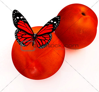 Red butterflys on a fresh peaches