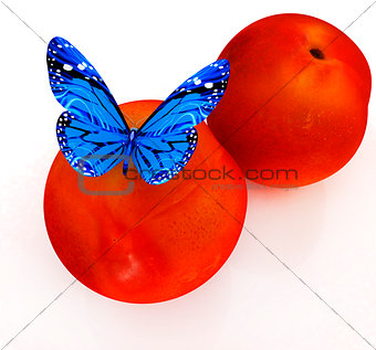 Blue butterflys on a fresh peaches