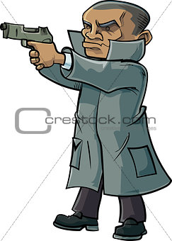 Cartoon secret agent with a trench coat and gun