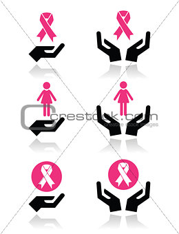 Pink ribbons - breast cancer awareness with hands icons set