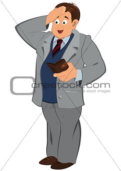 Cartoon man in gray jacket looking in to the wallet