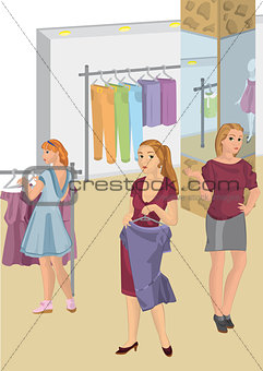 Retro girls in the store picking clothes