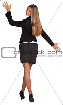 Businesswoman opened her arms to the side