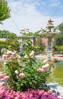 Ornate swan styled fountain in formal garden