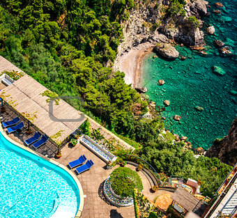 View of luxury villa and Mediterranean sea, Via Nastro Azzurro. 